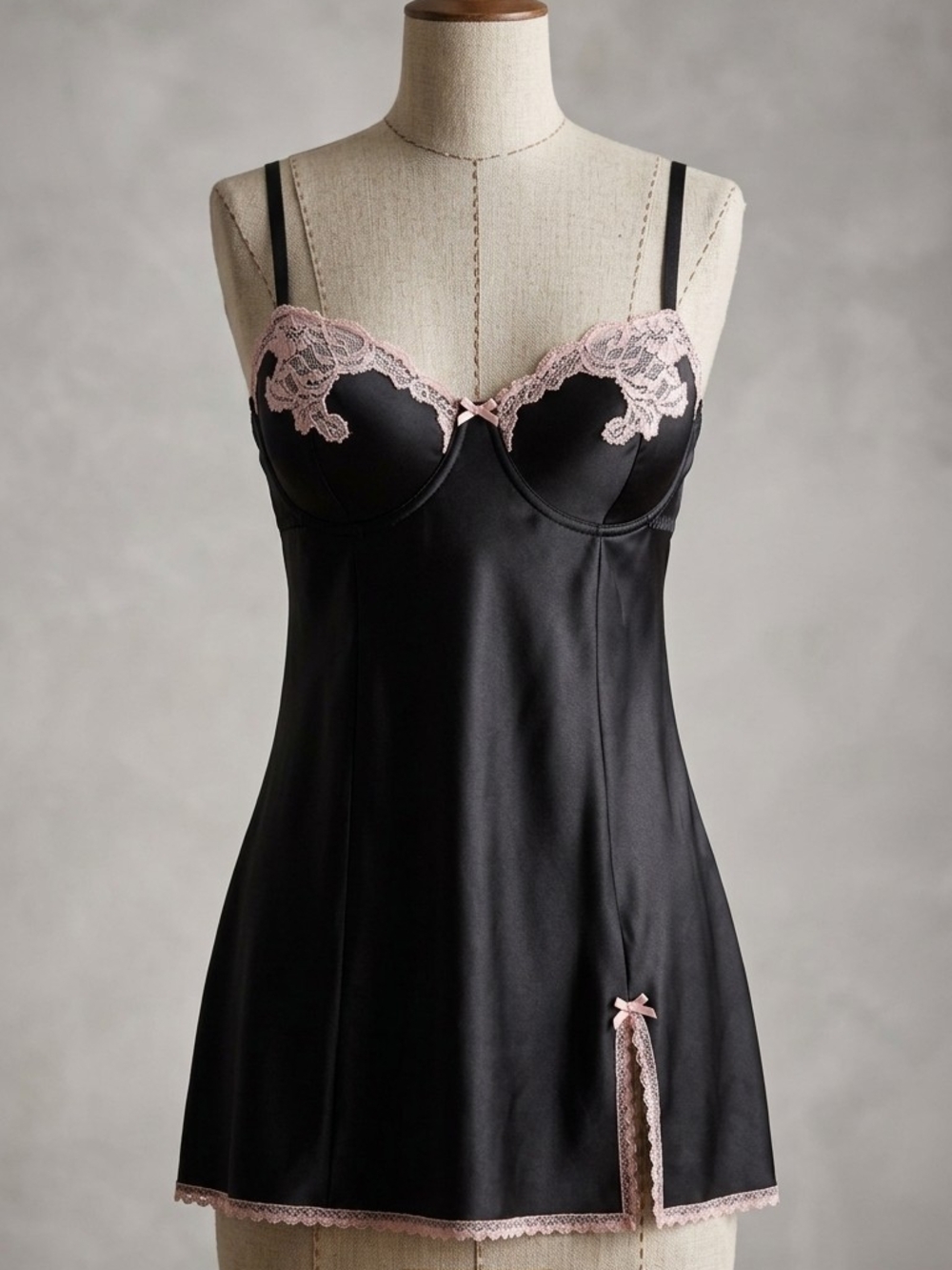 Gilligan & O'Malley Black Chemise with Pink Lace Trim